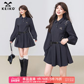 连衣裙2026春季 KEIKO 韩系学院polo领长袖 小个子系带收腰百褶短裙