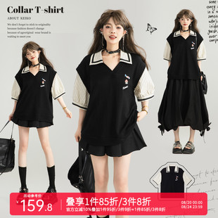 复古撞色拼接翻领上衣polo衫 KEIKO 美式 少年感假两件短袖 t恤夏季