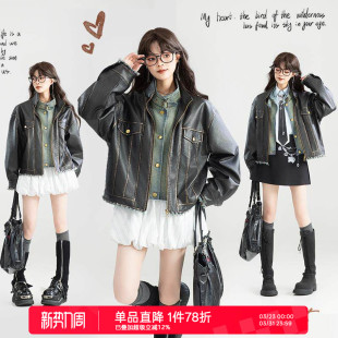 机车风做旧假两件夹克 外套26早春美式 KEIKO 酷飒牛仔拼接皮衣短款