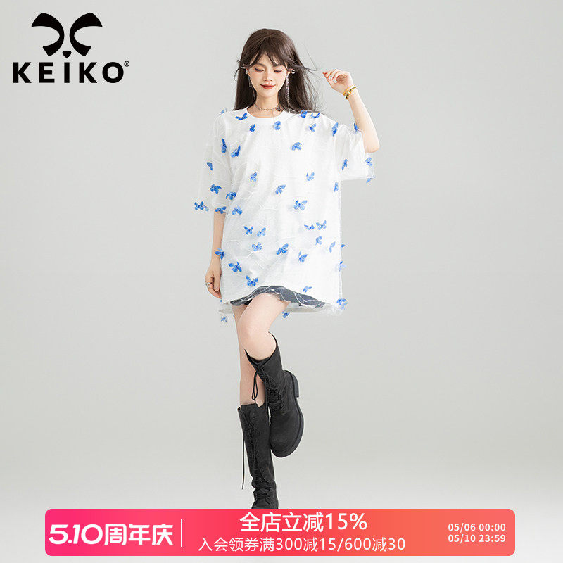 KEIKO 蝴蝶花纱拼接白色短袖t恤女夏季设计感宽松显瘦半袖上衣