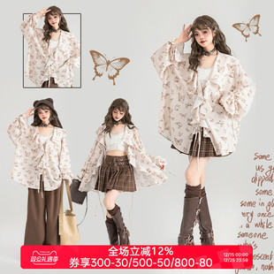 蝴蝶印花宽松系带上衣防晒衫 2025夏季 韩系大荷叶边雪纺衬衫 KEIKO