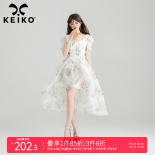KEIKO 海边度假蓬蓬白色公主裙 两穿 绝美薄纱拼接碎花连衣裙夏季