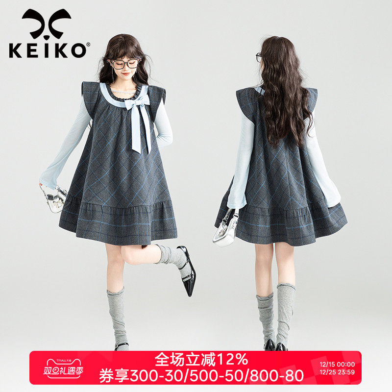 KEIKO [可拆蝴蝶结] 法式小飞袖格纹连衣裙25秋季甜系娃娃背心裙