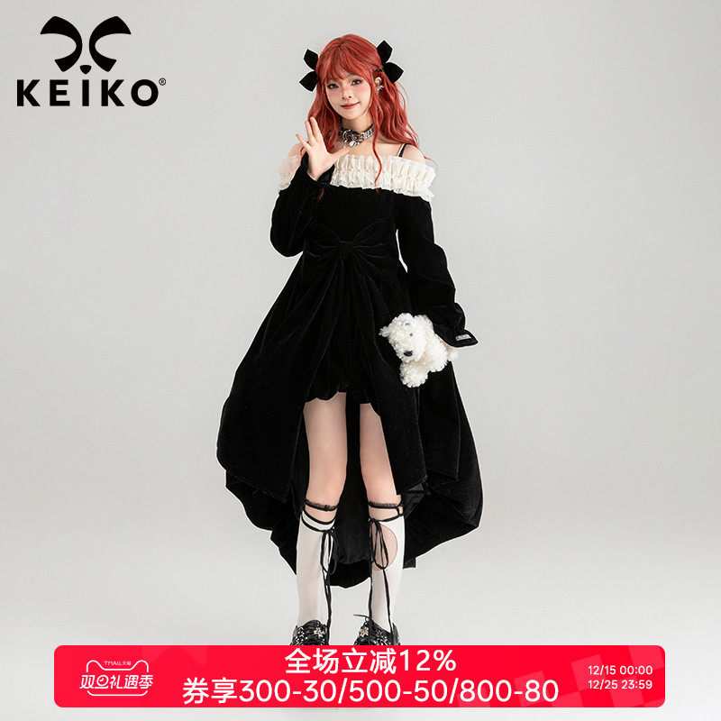 KEIKO 千金风黑色丝绒吊带连衣裙2025秋冬法式一字领拖尾礼服裙子