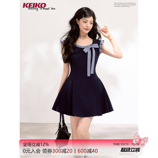 KEIKO 千金风掐腰无袖短款连衣裙夏季甜美法式蝴蝶结蓬蓬百褶短裙