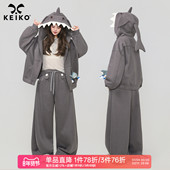 美式 KEIKO 搞怪小鲨鱼连帽加绒外套女26春季 复古廓形宽松拉链卫衣