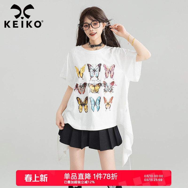 KEIKO [蝴蝶绣] 设计感露背短袖t恤女夏季前长后短宽松印花上衣