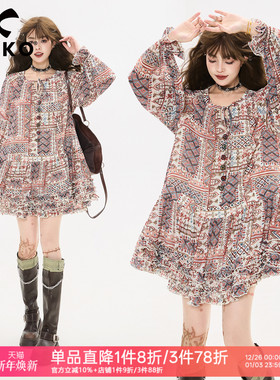 KEIKO波西米亚风长袖连衣裙秋季异域风情出游度假褶花A字雪纺裙子
