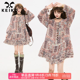 KEIKO波西米亚风长袖 异域风情出游度假褶花A字雪纺裙子 连衣裙秋季
