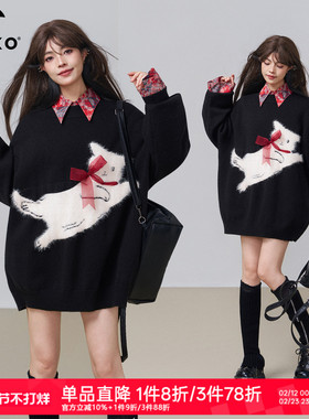 KEIKO 绒感萌猫提花黑色圆领毛衣秋冬慵懒高级感宽松中长款针织衫