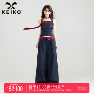 美式 休闲裤 复古穿搭两件套装 设计感格纹系带吊带背心 夏季 KEIKO