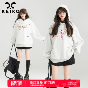 慵懒小众设计chic外套上衣 美式 KEIKO 时髦印花灰色连帽卫衣女春季