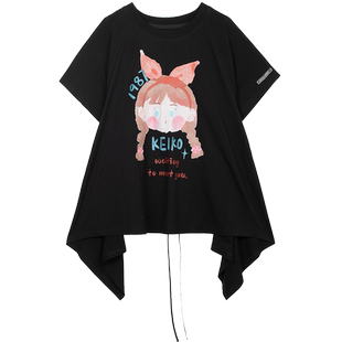 KEIKO [双面伊人] 甜酷风黑色短袖t恤25夏季少女感减龄蝴蝶结上衣