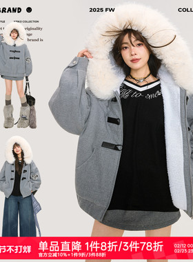 KEIKO [蓄热毛绒内里]大毛领灰色连帽棉服外套冬季美式复古小棉袄