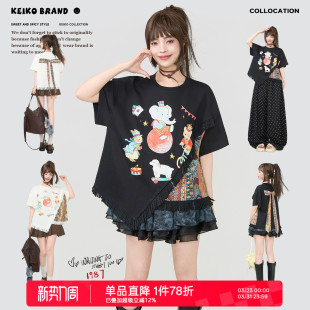 娇俏度假风蝴蝶结飘带流苏上衣 t恤夏季 KEIKO 马戏团系列印花短袖