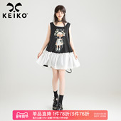 KEIKO 型U领背心裙子 日杂系减龄A字版 撞色荷叶边无袖 连衣裙夏季