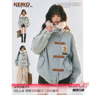KEIKO 抗寒毛绒美学牛仔棉服外套冬季美式复古加厚羊羔毛绒派克服