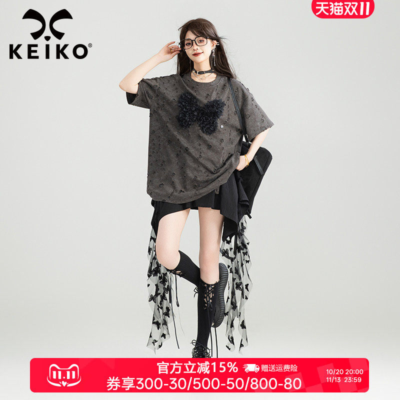 KEIKO 蝴蝶花破洞短袖t恤女夏季废土风复古宽松显瘦圆领半袖上衣