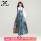 KEIKO 华丽彩油喷绘牛仔吊带连衣裙春夏艺术生穿搭花色背带长裙