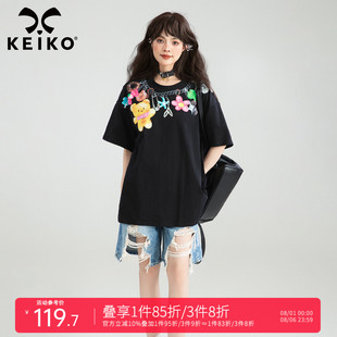 KEIKO 宽松遮肉显瘦圆领上衣 多巴胺项链印花黑色短袖 t恤女25夏季