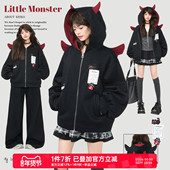 KEIKO 恶魔角连帽黑色加绒卫衣2026春季 怪趣设计可拆卸小翅膀外套