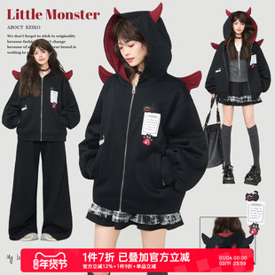 KEIKO 恶魔角连帽黑色加绒卫衣2026春季怪趣设计可拆卸小翅膀外套