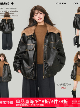 KEIKO 美式复古黑色皮衣棉服女冬季擦色做旧加厚大毛领pu皮外套