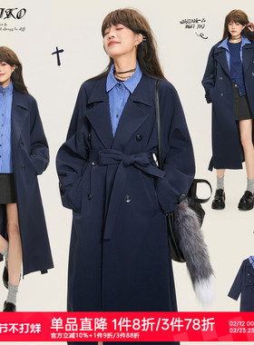KEIKO 高级感藏蓝色双排扣风衣外套26春季韩系通勤系带中长款大衣
