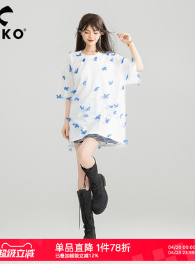 KEIKO 蝴蝶花纱拼接白色短袖t恤女夏季设计感宽松显瘦半袖上衣