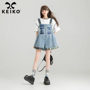 气减龄刺绣图案阔腿短裤 KEIKO 元 女夏季 子 提花拼接背带牛仔裤