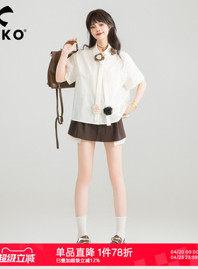 KEIKO 小清新系带扎花白色短袖衬衫夏季通勤穿搭茶里茶气别致上衣