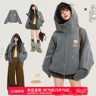 KEIKO 重磅灰色拉链连帽毛衣外套春季慵懒风oversize加厚针织开衫