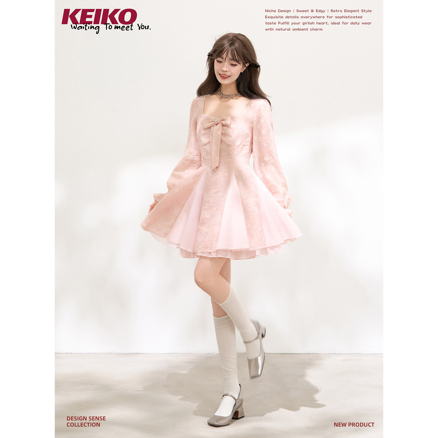 KEIKO法式立体剪花方领连衣裙