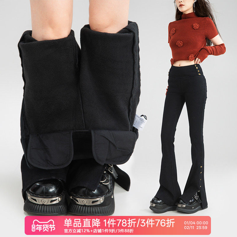 KEIKO 显瘦！黑色加绒牛仔裤女25秋冬新款设计感修身开叉微喇裤子,女装/女士精品,牛仔裤,淘宝优惠券,粉丝福利购,淘宝优惠卷
