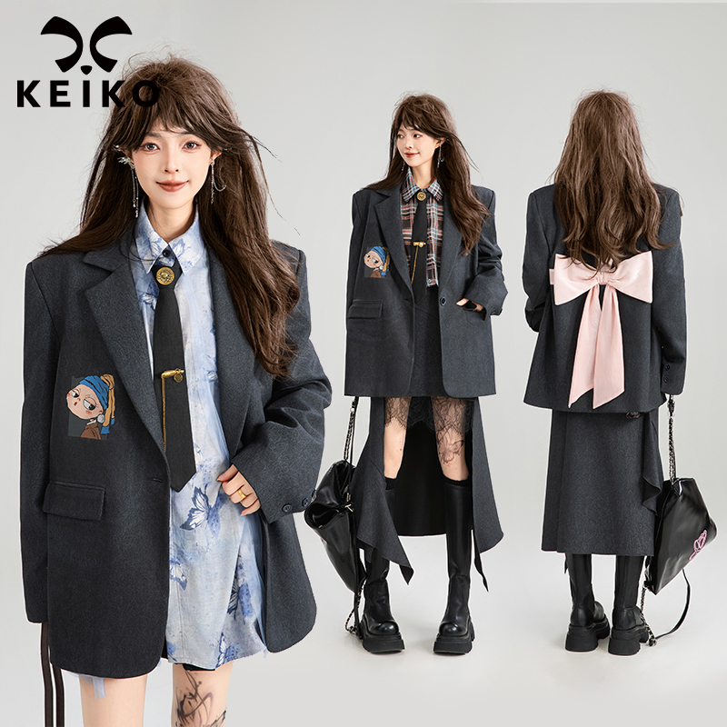 KEIKO 蝴蝶结girl 灰色西装外套女2025秋季法式小西服+半身裙套装