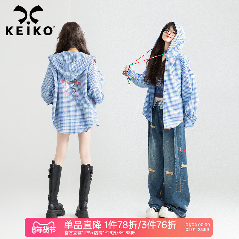 KEIKO 美式复古蓝格子连帽衬衫女26春季设计感印花薄款开衫外套,女装/女士精品,衬衫,淘宝优惠券,粉丝福利购,淘宝优惠卷