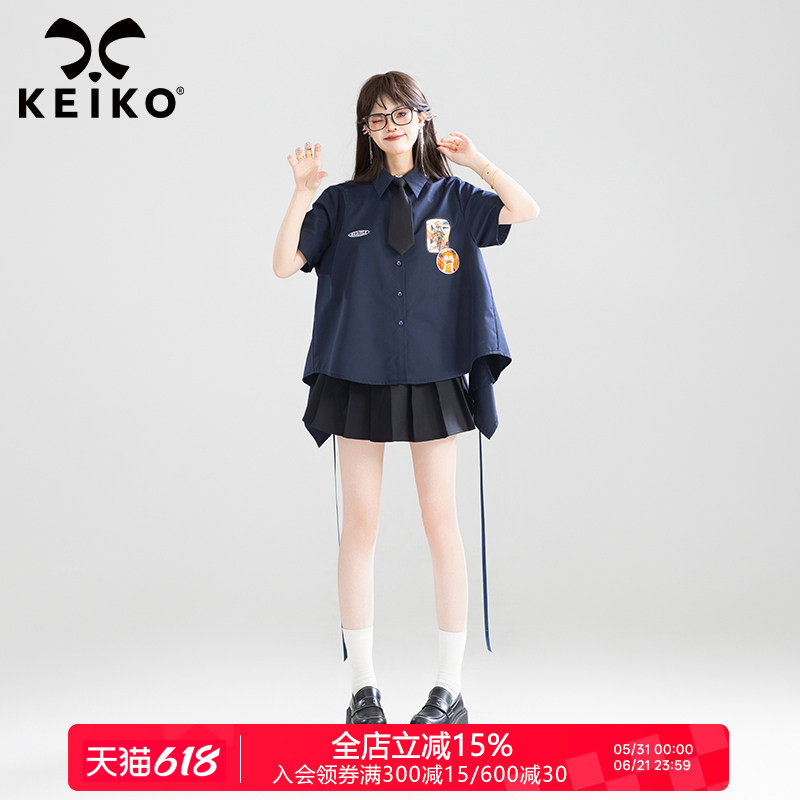 KEIKO 甜系蝴蝶结扎花饰短袖衬衫女夏季学院风小众设计绝美小上衣