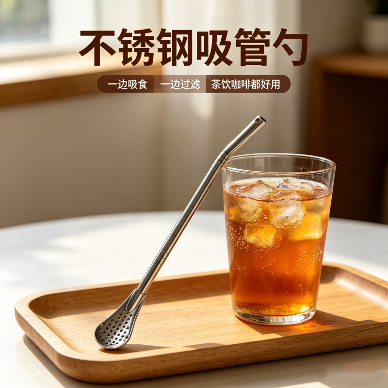 不锈钢可拆卸创意长柄吸管勺子一体两用金属饮管茶叶过滤吸管漏勺
