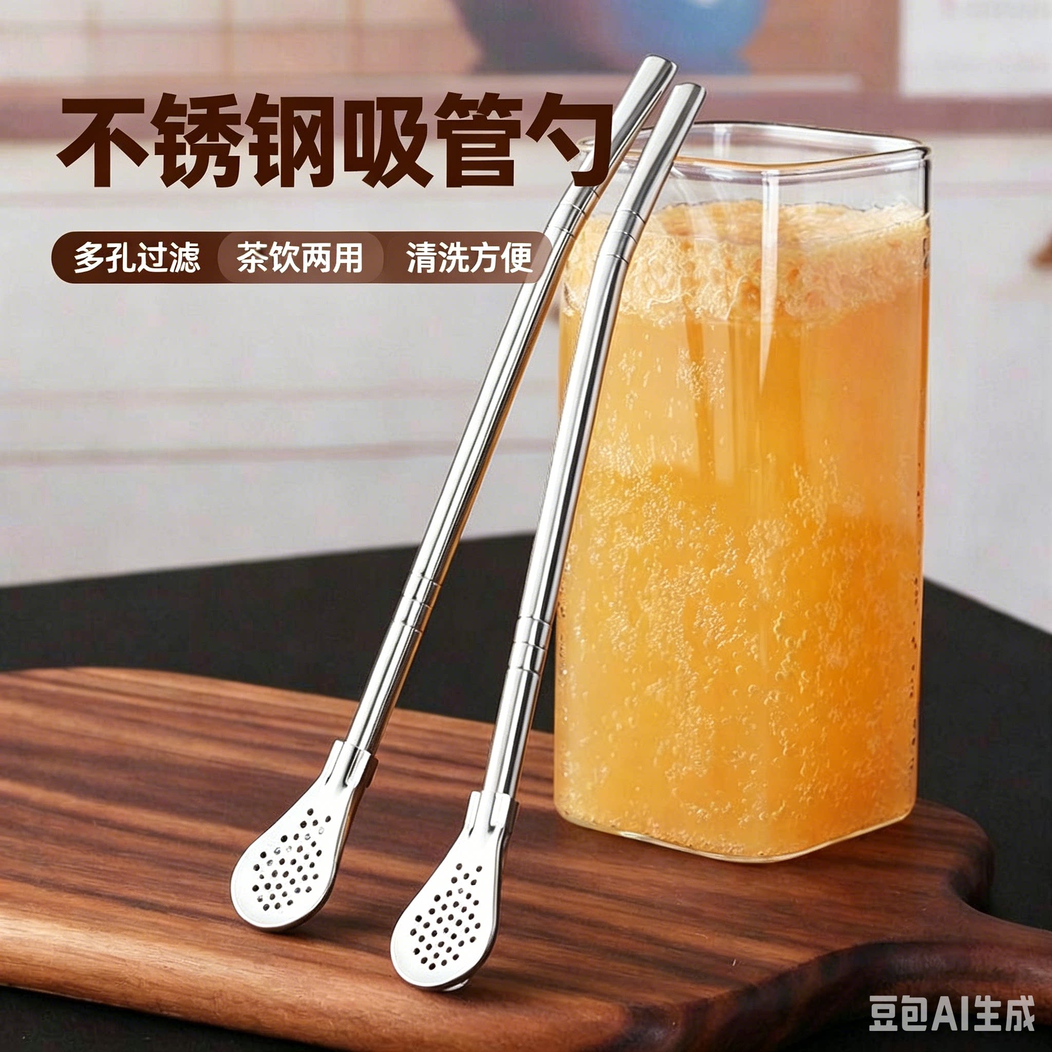 不锈钢吸管勺子搅拌过滤两用创意咖啡搅拌勺西瓜果汁奶茶过滤吸管