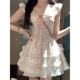 纯欲风甜美碎花方领连衣裙女小个子显瘦气质高级感蓬蓬蛋糕裙 法式