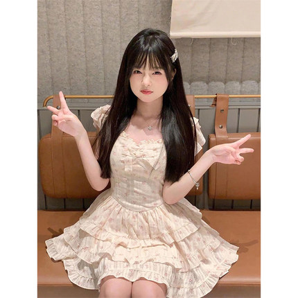 法式甜美小飞袖碎花连衣裙女夏季新款小个子收腰蝴蝶结公主蓬蓬裙