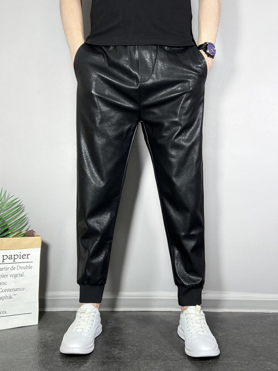 가을 겨울용 남성용 가죽 바지 새로운 스타일 플러스 벨벳과 두꺼워진 블랙 슬림 핏 레깅스를 타는 라이더 사이클링 남성용 따뜻한 바지