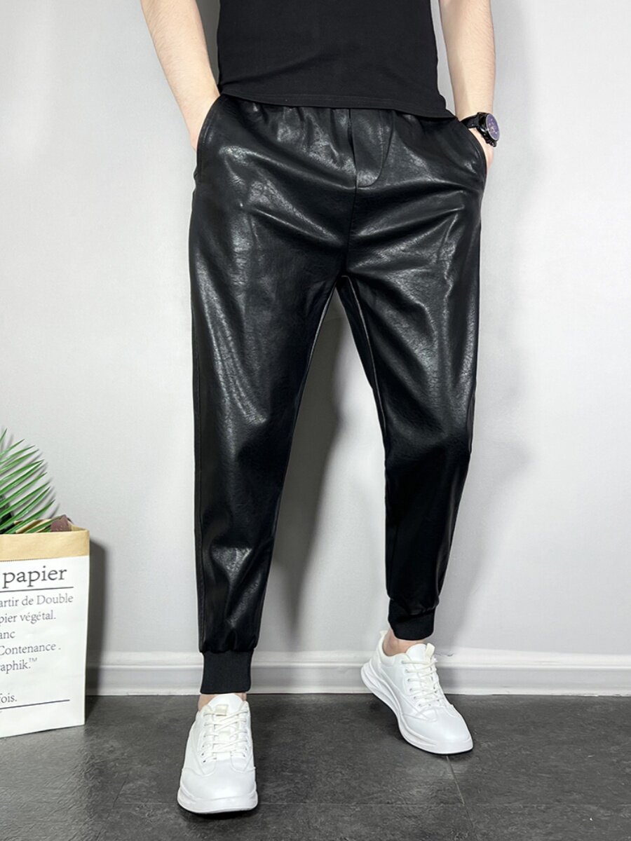 가을 겨울용 남성용 가죽 바지 새로운 스타일 플러스 벨벳과 두꺼워진 블랙 슬림 핏 레깅스를 타는 라이더 사이클링 남성용 따뜻한 바지