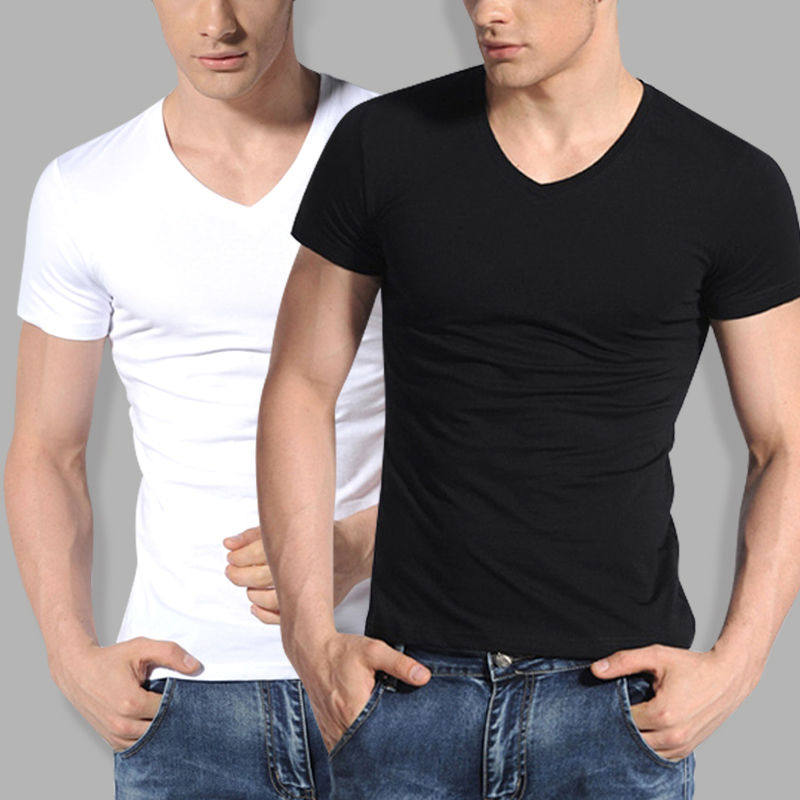 纯棉紧身短袖t恤男白色运动打底衫体恤男士半袖V领纯色潮流夏季T