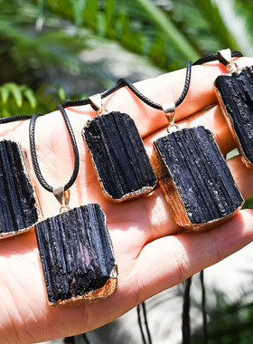 跨境天然水晶原石方形黑碧玺包边吊坠不规则挂装件饰品厂家直发