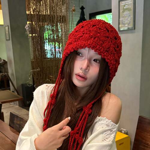 川西旅游花朵流苏红色毛线帽子女