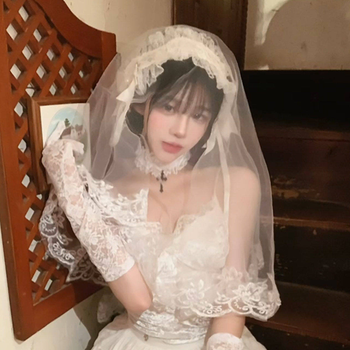 白色蕾丝花边头纱cos新娘发带lolita洛丽塔花嫁拍照道具头饰发饰