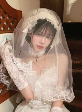 白色蕾丝花边头纱cos新娘发带lolita洛丽塔花嫁拍照道具头饰发饰