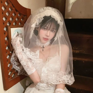 白色蕾丝花边头纱cos新娘发带lolita洛丽塔花嫁拍照道具头饰发饰