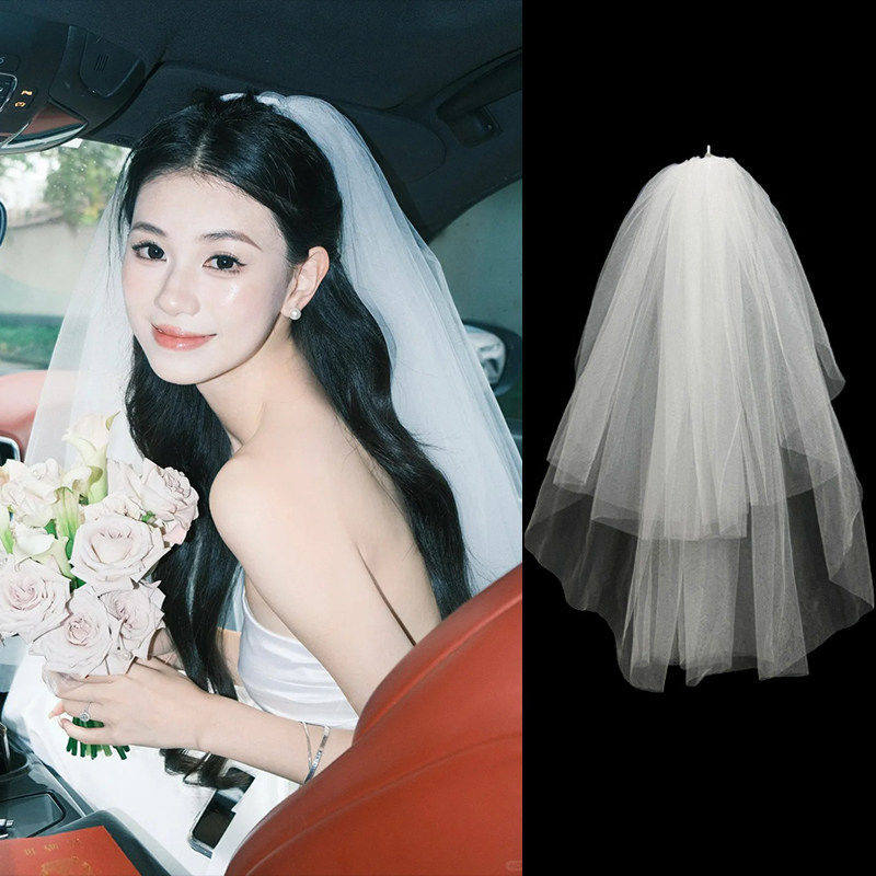 新娘头纱高级感结婚拍照道具求婚领证登记简约白色蓬蓬主婚纱头饰